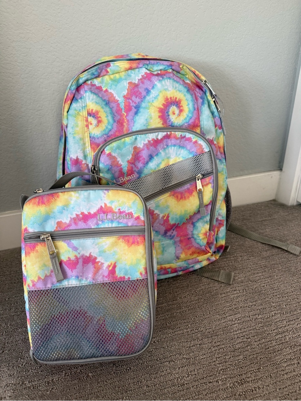 L.L. Bean Kids Tie-Dye Backpack and Lunch Bag Set - Pink, Yellow, Blue, Green